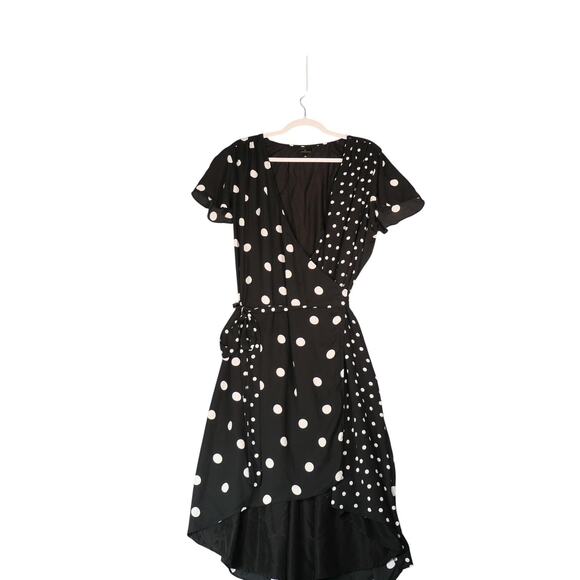 Worthington Faux Wrap Midi Dress Womens XL Black White Polka Dot V Neck High Low - Picture 2 of 16